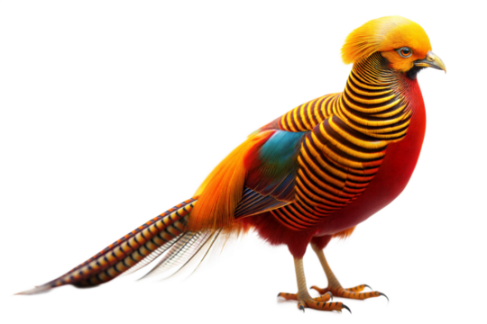 Brightly colored bird perched elegantly on a surface with vibrant plumage showcasing rich hues and patterns against a transparent background
