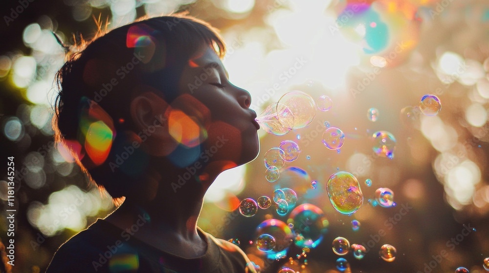 Poster A young boy stands in a vibrant garden as sunlight filters through the trees, blowing bubbles that float and shimmer in the air, creating a magical atmosphere filled with joy and wonder