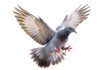 Beautiful blue pigeon in mid-flight displaying vibrant feathers with outstretched wings against a transparent background