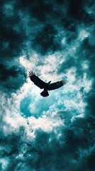 Fototapeta premium A majestic bird soaring through dramatic clouds, symbolizing freedom and nature's beauty.