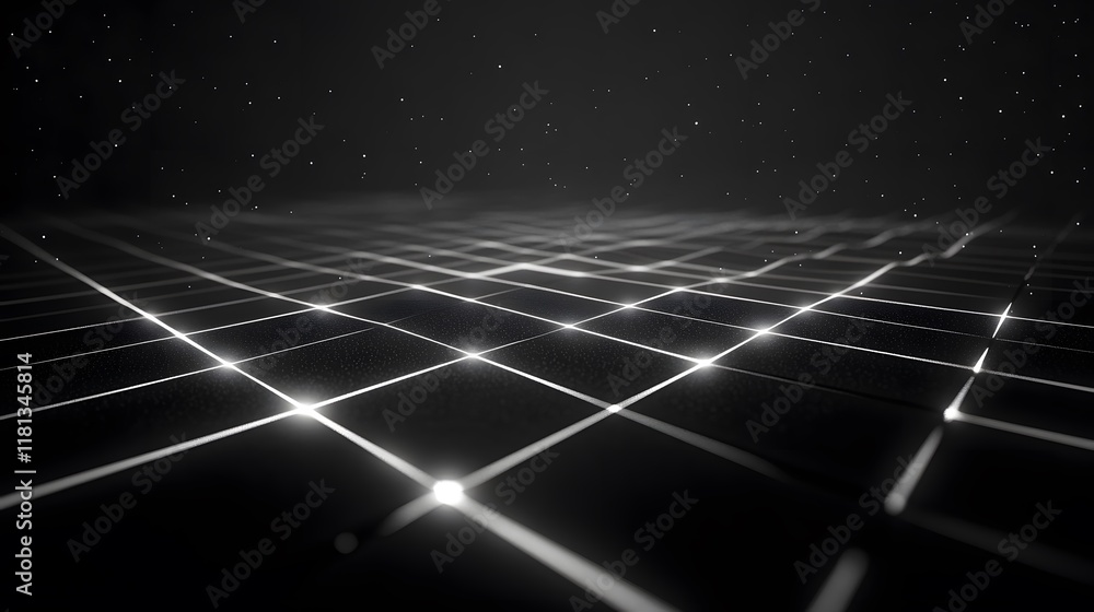 Poster abstract digital grid, futuristic dark background with illuminated lines and points, ideal for tech-