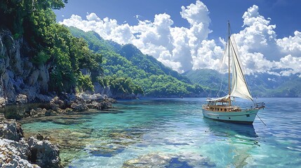 Serene Sailboat Anchored in a Crystal-Clear Cove Surrounded by Lush Green Mountains.
