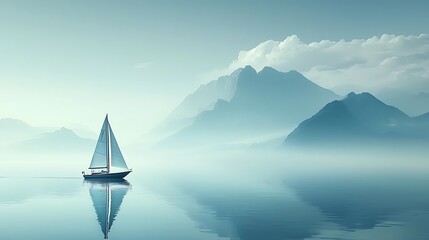 Serene Sailboat Gliding on Calm Waters with Misty Mountains in the Background.