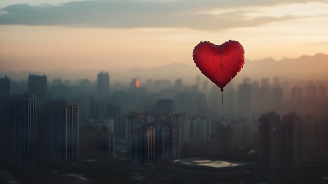 Red heart balloon sunset cityscape aerial romance