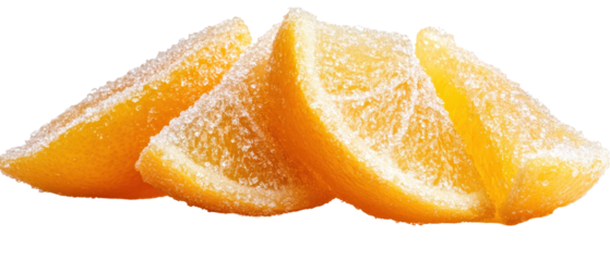 Fresh orange slices covered in sugar crystals. transparent background