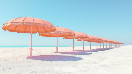 Pink umbrellas line a pristine beach under a vibrant blue sky, creating a serene and picturesque summer vacation scene.  Perfect for relaxation and tranquility.