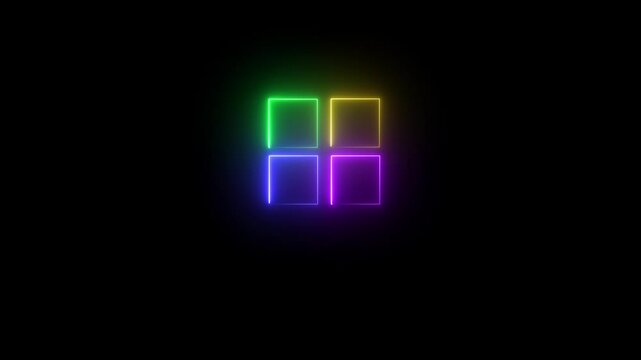 Four rectangle animation by gradient colors neon line on black background. Animated borders frame glowing neon lights loop animation