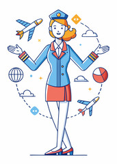 Mnimalist Female flight attendant, surrounded by airplane icons