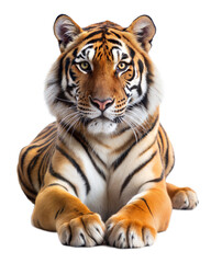 Majestic tiger gazing directly with intense eyes on a transparent background
