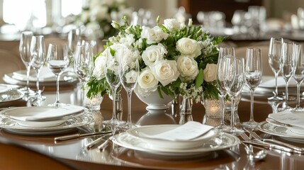 Elegant table setting, white flowers, glassware, place settings.