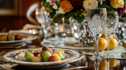Naklejka premium Elegant table setting: fruit, glassware, floral centerpiece.