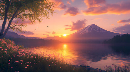 富士山から昇る美しい朝日