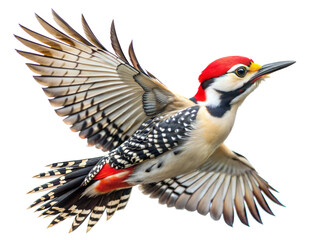 Naklejka premium Vibrant woodpecker in mid-flight showcasing its striking plumage and impressive wingspan
