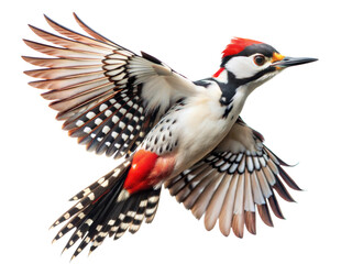 Fototapeta premium Vibrant woodpecker in mid-flight showcasing its striking plumage and impressive wingspan