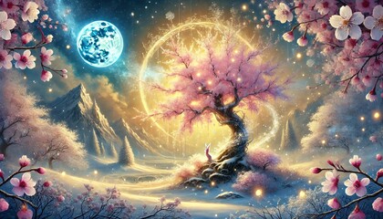 A serene fantasy landscape blending snow and cherry blossoms under a golden moonlight, showcasing a harmonious mix of winter and spring in soft pastel tones