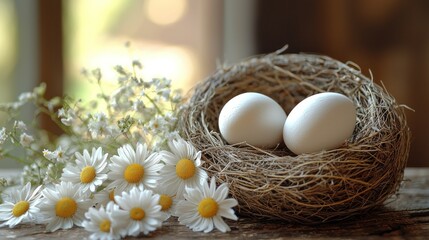 Serene Spring Still Life: Two White Eggs in a Bird's Nest Adorned with Daisies