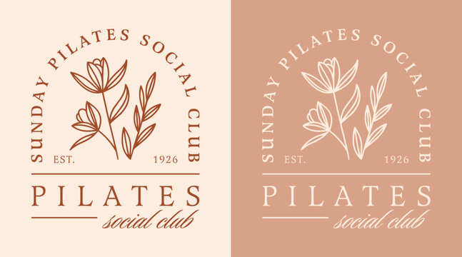 Pilates social club studio logo girls sunday self care wellness lovers women shirt design printable event invitation. Boho retro floral fancy luxury elegant beige terracotta lotus flowers aesthetic.