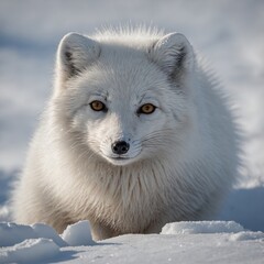 A white Arctic fox blending into the snow.