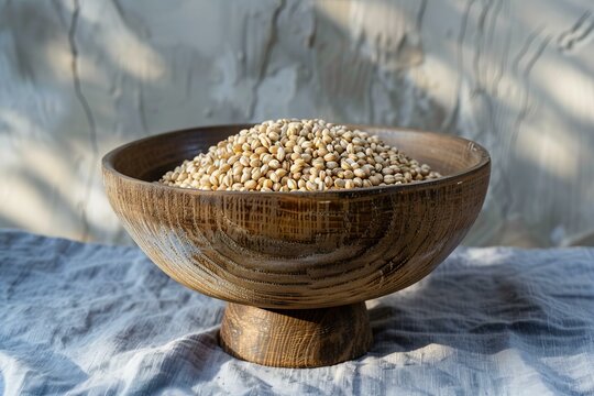 Wooden bowl brimming with job's tears, also known as adlay or coix seeds, creates a rustic and healthy culinary scene