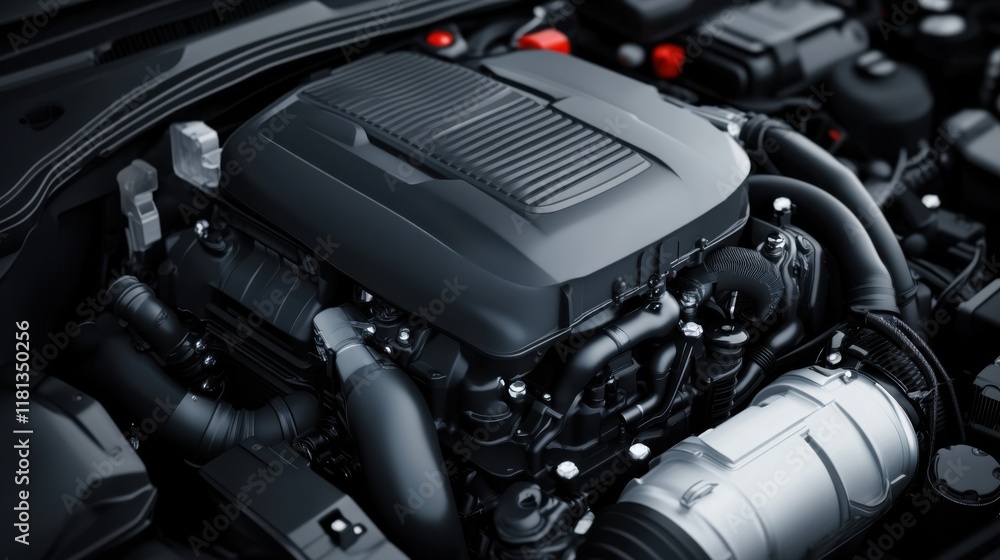 Poster high-resolution close-up of an advanced automotive engine with detailed components and sleek design