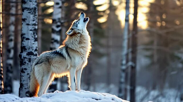 A stunning wolf howls towards the sky, surrounded by tall trees and a blanket of snow. The warm glow of the setting sun casts a beautiful light, creating a serene atmosphere in the forest.
