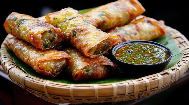 Crispy Filipino lumpia spring rolls served with dipping sauce on a bamboo plate at a vibrant street food market. food background for menu, book, website