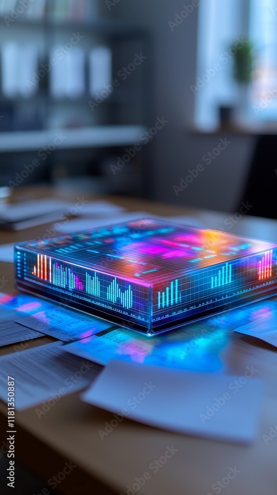 Poster financial forecast outlook concept. illuminated cube on a table with colorful reflections and papers