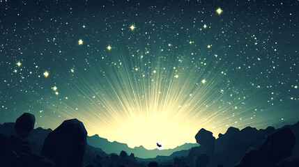Fototapeta premium A serene landscape under a starry sky, with radiant beams of light emerging from the horizon.