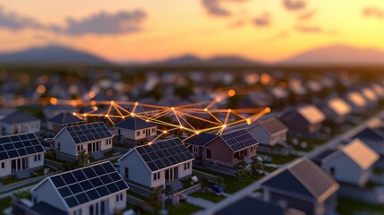 Solar power for community progress concept. Smart homes interconnected with solar panels at sunset.