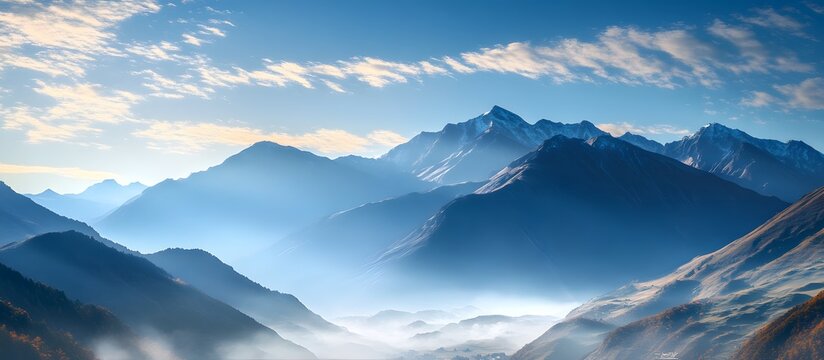 Misty mountain sunrise panorama; valley fog; travel poster