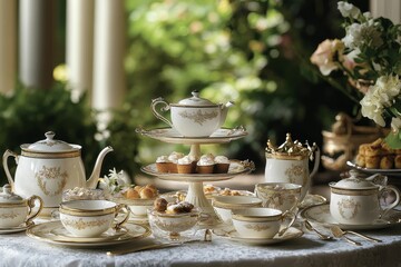 Fototapeta premium Elegant gold-trimmed tea set, pastries, flowers.