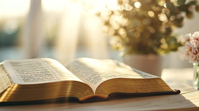 Open Bible with Sunlight Creating Heavenly Glow