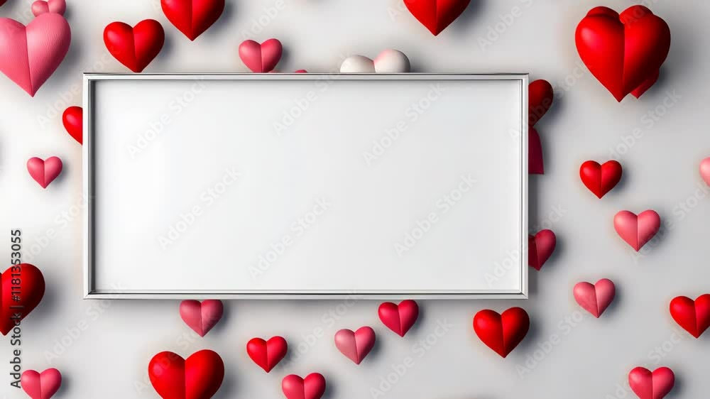 Poster white frame with a red heart in the middle surrounded by many other red hearts. the frame is empty a