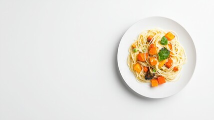 A vibrant plate of spaghetti tossed with roasted squash, herbs, and a light sauce, beautifully presented on a minimalist background.