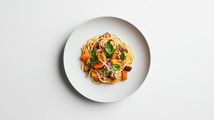 A delicious plate of spaghetti topped with vibrant vegetables, garnished with fresh herbs, presented on a minimalist white background.