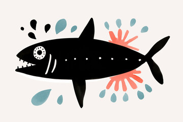 Hand drawn black shark illustration with colorful splashes and playful design