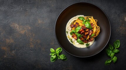 A plate of pasta garnished with fresh basil and crispy bacon, served on a dark textured surface, showcasing a modern culinary presentation.
