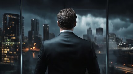 A businessman looks out over the city skyline at sunset.