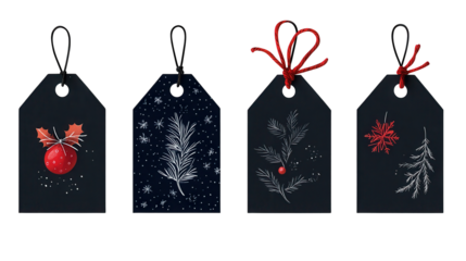 Festive holiday gift tags with nature designs. transparent background