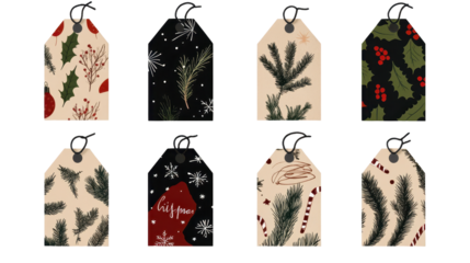 Festive gift tags with holiday patterns. transparent background