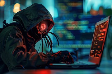 Cyberpunk hacker wearing futuristic mask programming on laptop in dark room with code projected in background