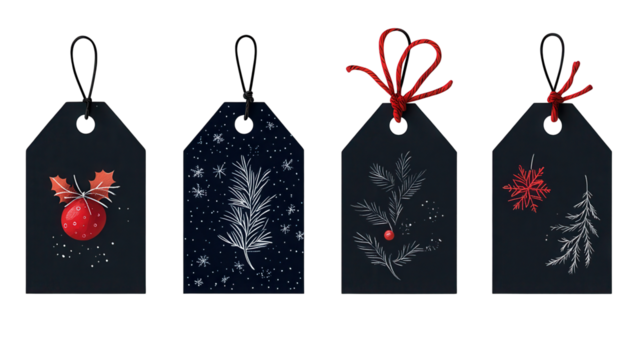 Festive holiday gift tags with nature designs. transparent background