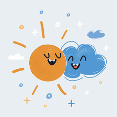 Cartoon vector illustration of sun with a cloud, couple, together. Smiling and happy