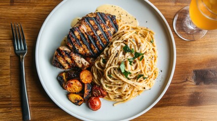 A delicious plate featuring grilled chicken, creamy pasta, and roasted vegetables, served on a wooden table with a refreshing drink.