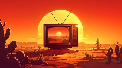 Retro TV showing a desert landscape at sunset with warm orange hues, evoking a nostalgic cozy vibe