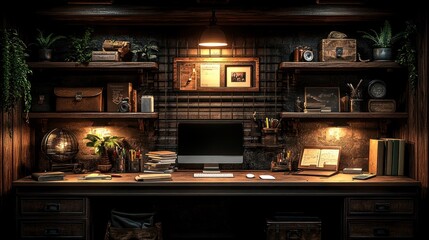 Cozy, dimly lit home office with wooden desk, shelves, and vintage decor.