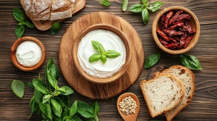 A rustic spread featuring yogurt, fresh basil, sun-dried tomatoes, and artisan bread on a wooden backdrop.