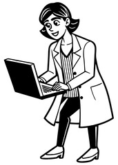 Line Art Of Female scientist in lab coat analyzing data on laptop, conducting research.