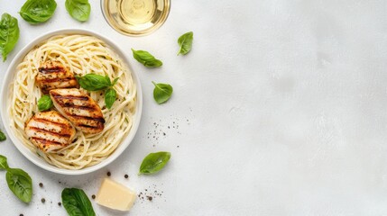 A creamy pasta dish topped with grilled chicken, garnished with fresh basil leaves, served alongside a glass of white wine.