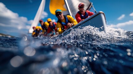 A vibrant crew passionately working together on a sailboat, showcasing the spirit of teamwork and adventure under a bright blue sky filled with fluffy clouds.